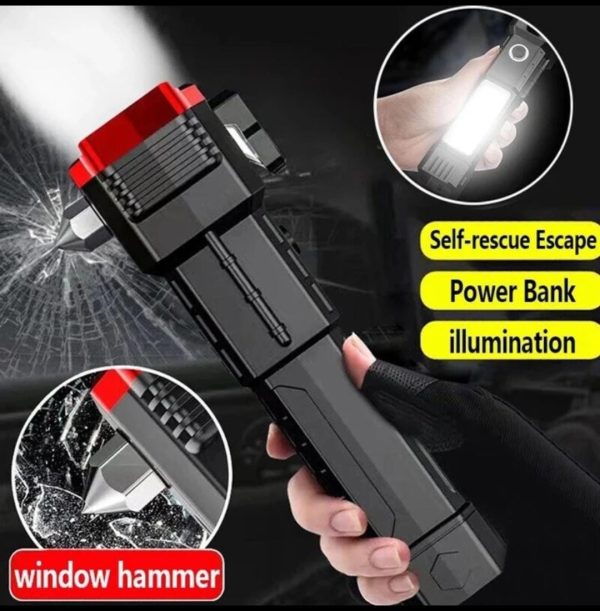 High-power Led Torch Light Rechargeable Flashlight And Multi functional Tactical Hammer & Power Bank To Charge the Phone With Box ( Random Color )